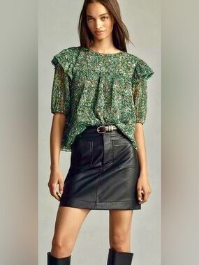 Anthropologie Porridge Lace Crew-Neck Blouse Green Floral Size M NWOT